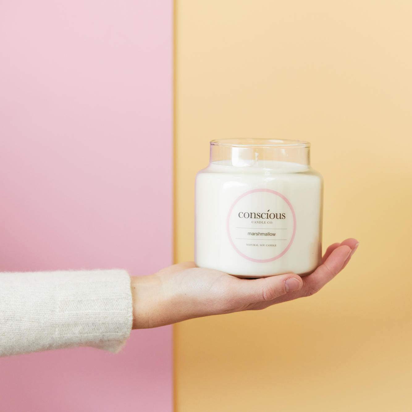 Large Marshmallow Scented Natural Soy Candle in hand